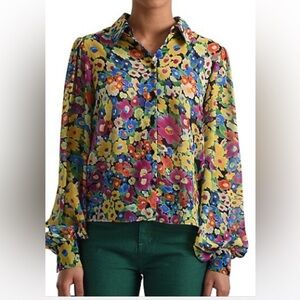 Lili Sidonio bright floral artsy spring summer button blouse S NWOT